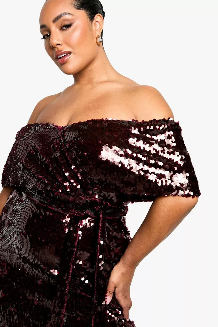 Plus Premium Sequin Off The Shoulder Midi Dress | boohoo (US & Canada)