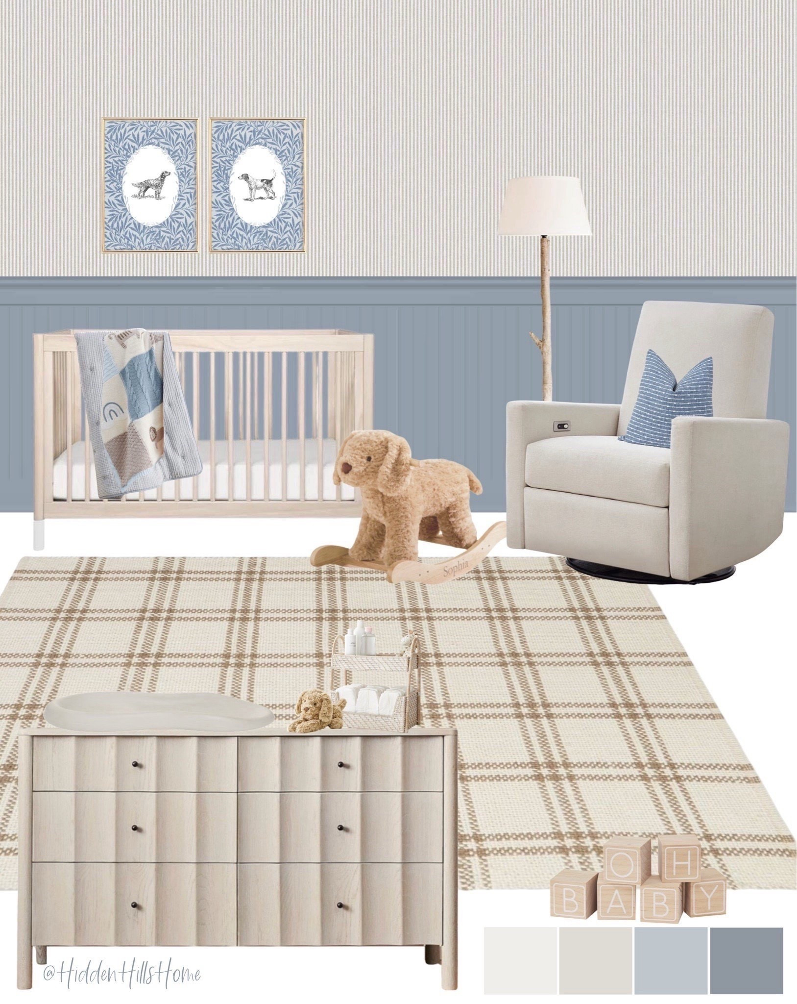 Nursery decor, nursery mood board, cute nursery design, baby boys nursery, baby’s room, crib, nursery glider #nursery 
Wall color is SW Windy Blue

#LTKHome #LTKSaleAlert #LTKBaby