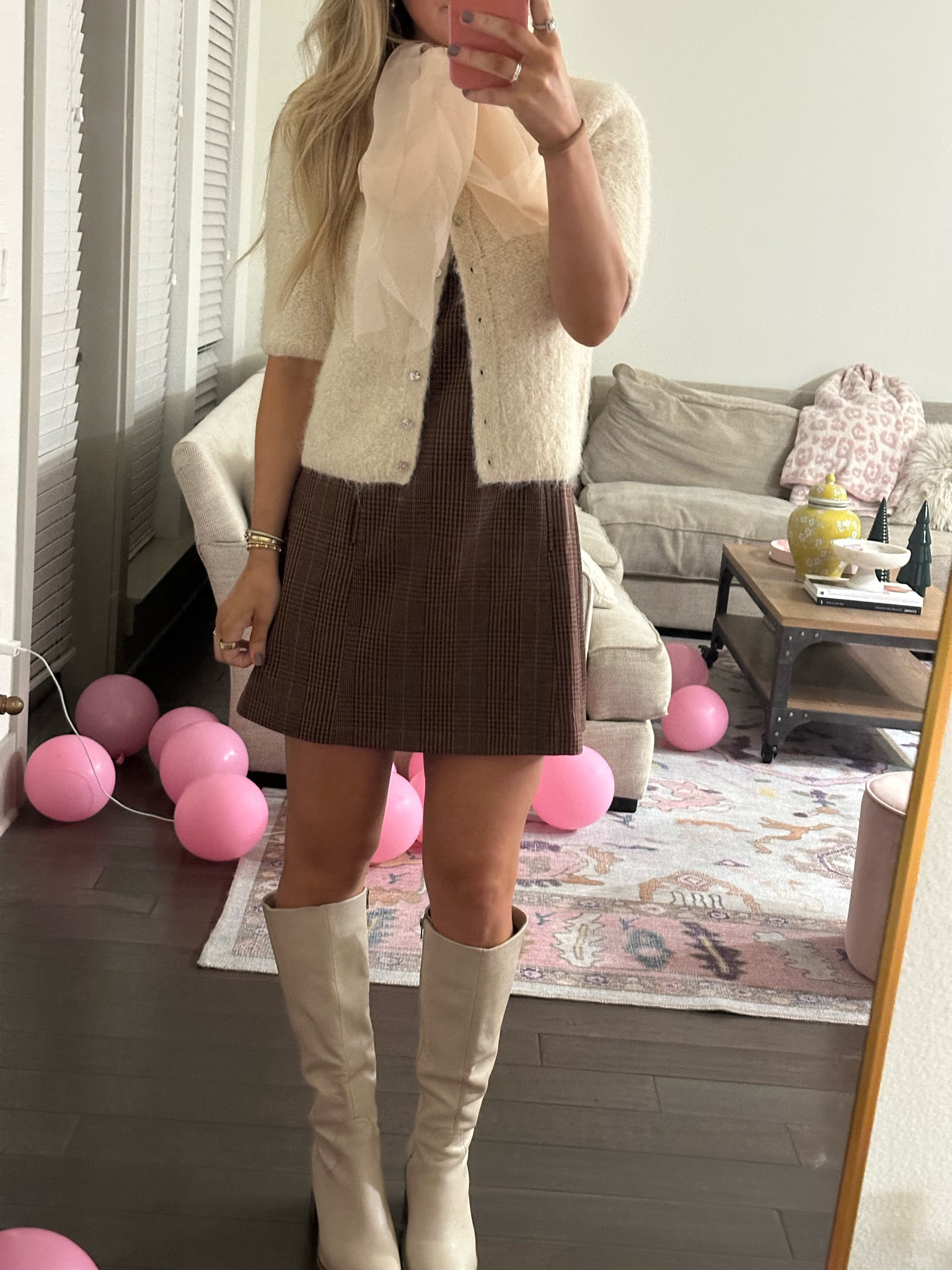 Hill House dress paired with Zara organza cardigan and Anthro fall boots 🤎 Hill House dress is sold out but linked something similar 