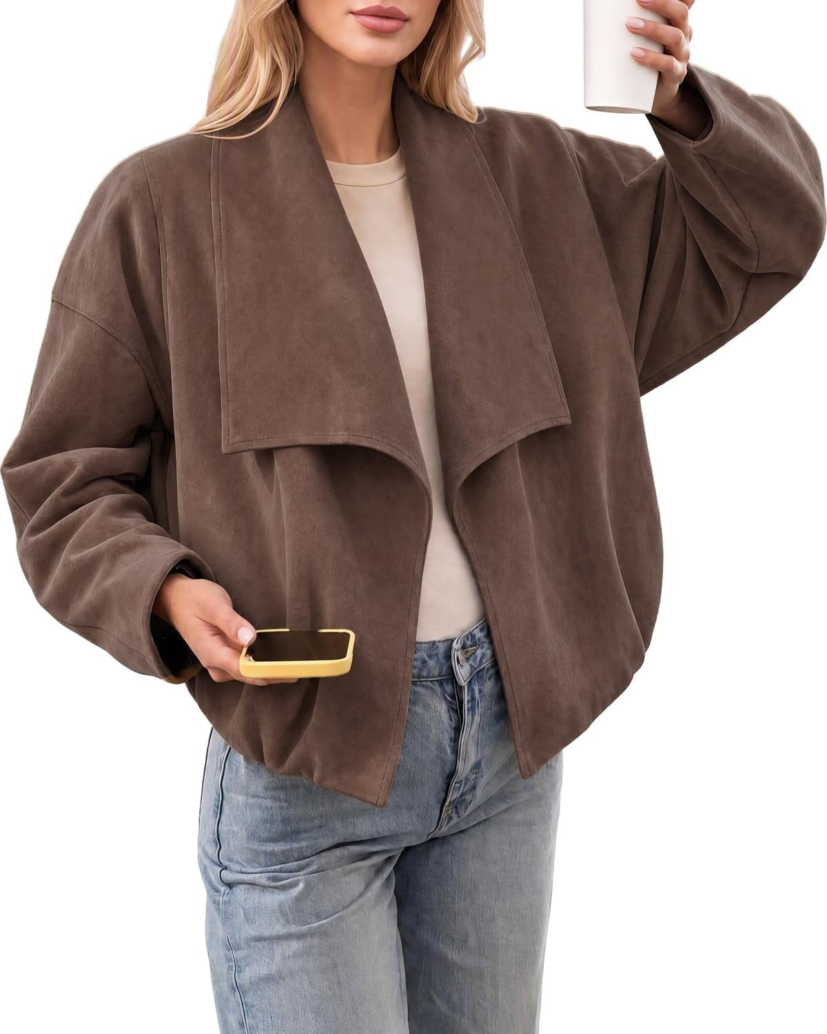 Tankaneo Womens Open Front Faux Suede Jackets Oversized Cropped Lapel Coats | Amazon (US)