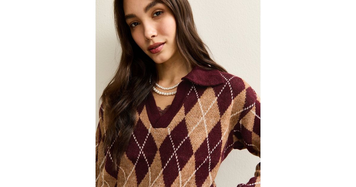 Red Argyle Knit Polo Collar Jumper | New Look | New Look (UK)
