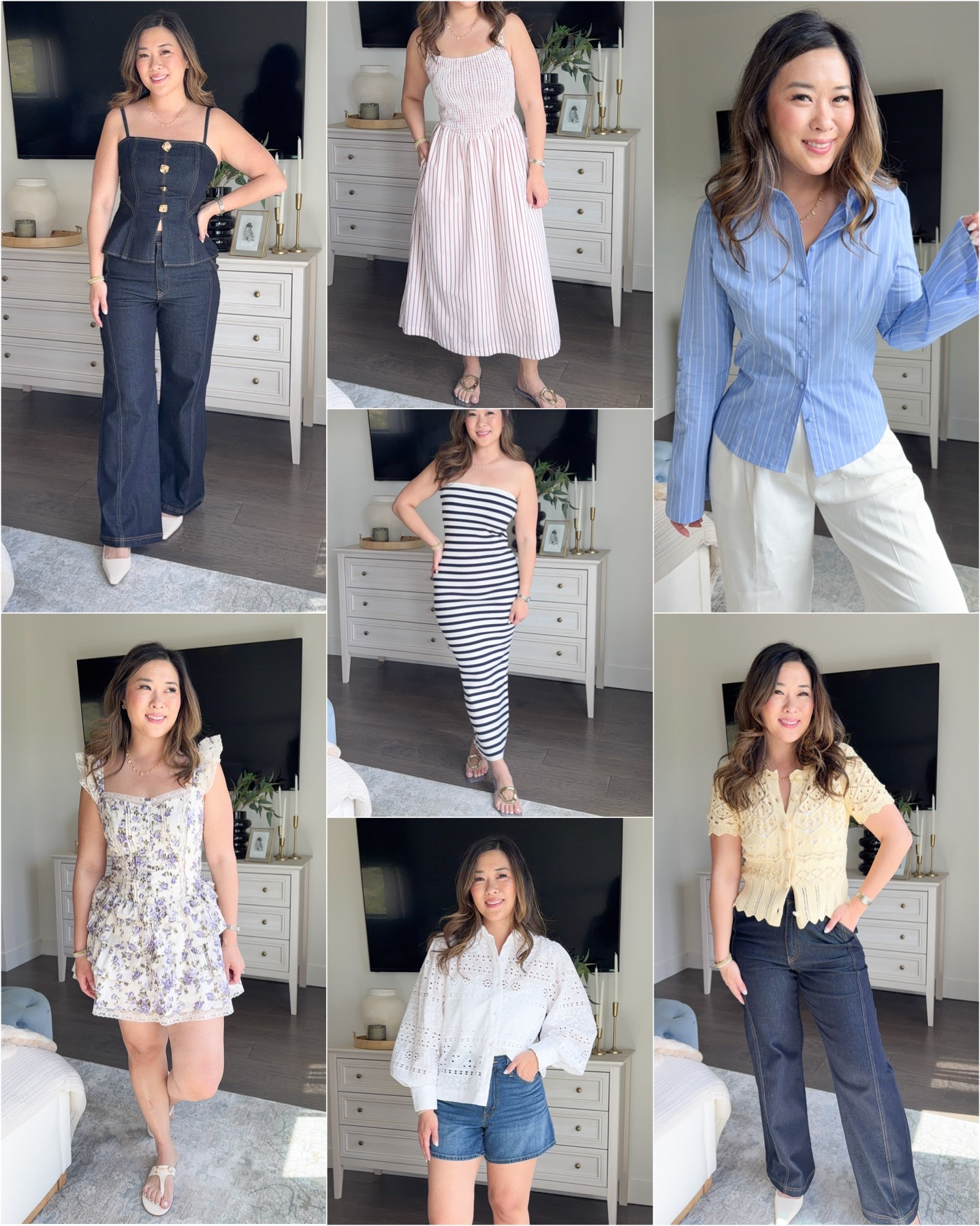 Denim Tank: M
Flare Jeans: 29
Strapless Dress: M
Striped Dress: S
Floral Dress: M
Tops: M
Blue Button Down: Large 