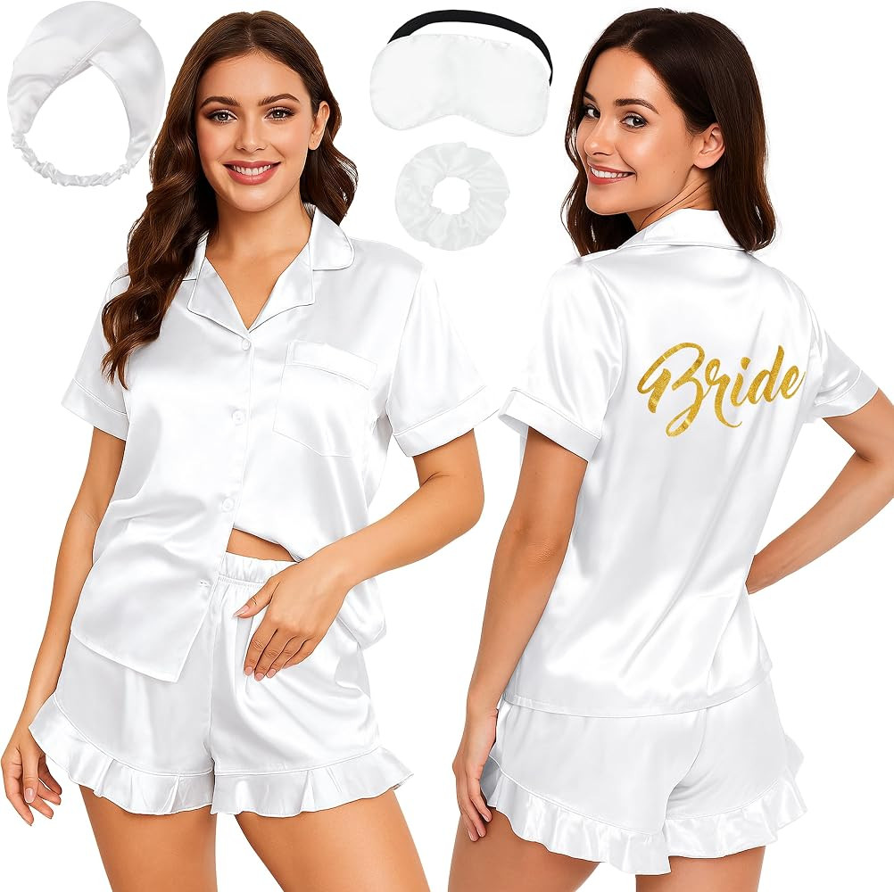 EPLAZA Bride Bridal Pajamas Set Women Bridesmaid Pajamas with Glitter 2pcs Silk Satin Pjs Set for... | Amazon (US)