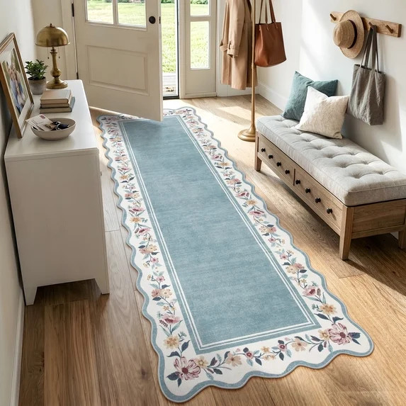 Lahome Washable 2'x8' Scalloped Runner Rug, Blue Boho Floral Hallway Rugs for Entryway Kitchen, N... | Walmart (US)