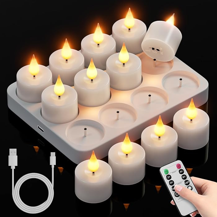 Rechargeable Flameless Tea Lights Candles with Remote Charging Base 12Pcs | Amazon (US)