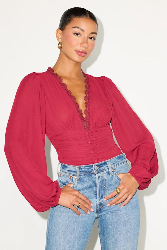Cadria Berry Red Long Sleeve Ruched Bodysuit | Lulus