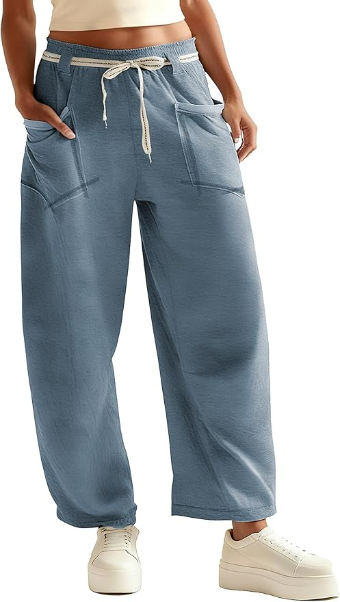 Womens Barrel Pants Wide Leg Drawstring Sweatpant Casual Baggy Palazzo Pants with Pockets | Amazon (US)