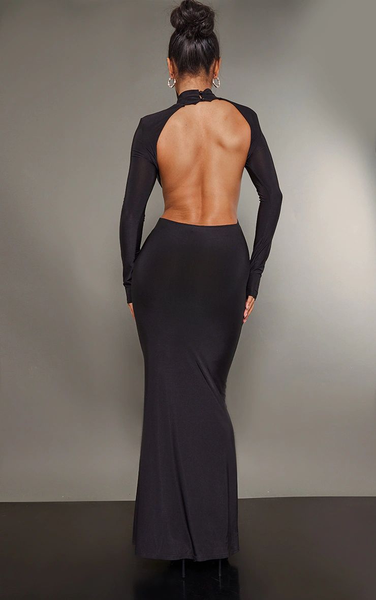 Black Slinky High Neck Backless Maxi Dress | PrettyLittleThing UK