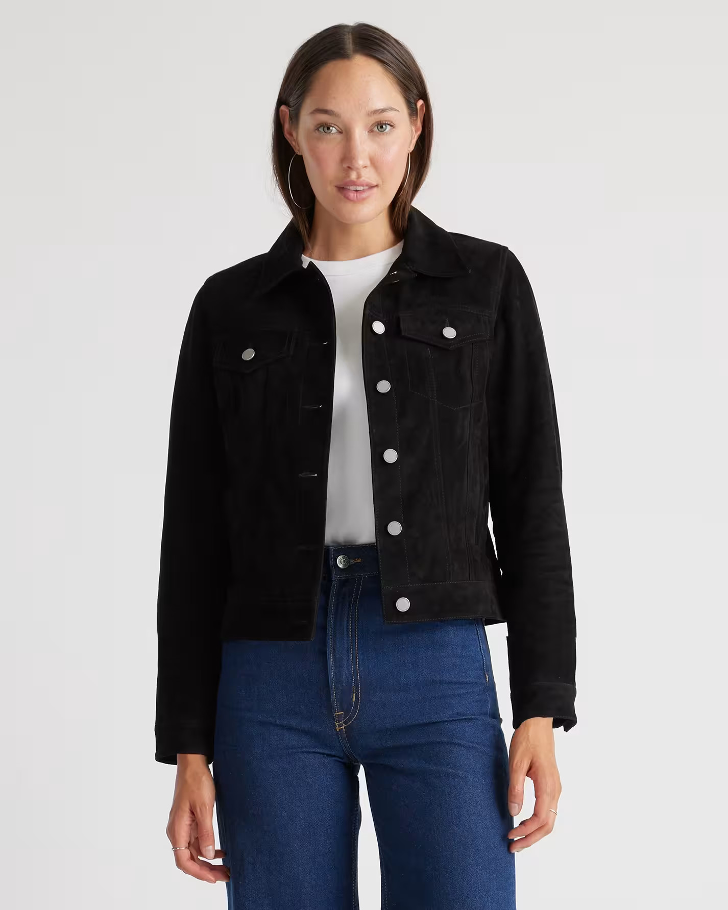 100% Suede Trucker Jacket in Black | Quince