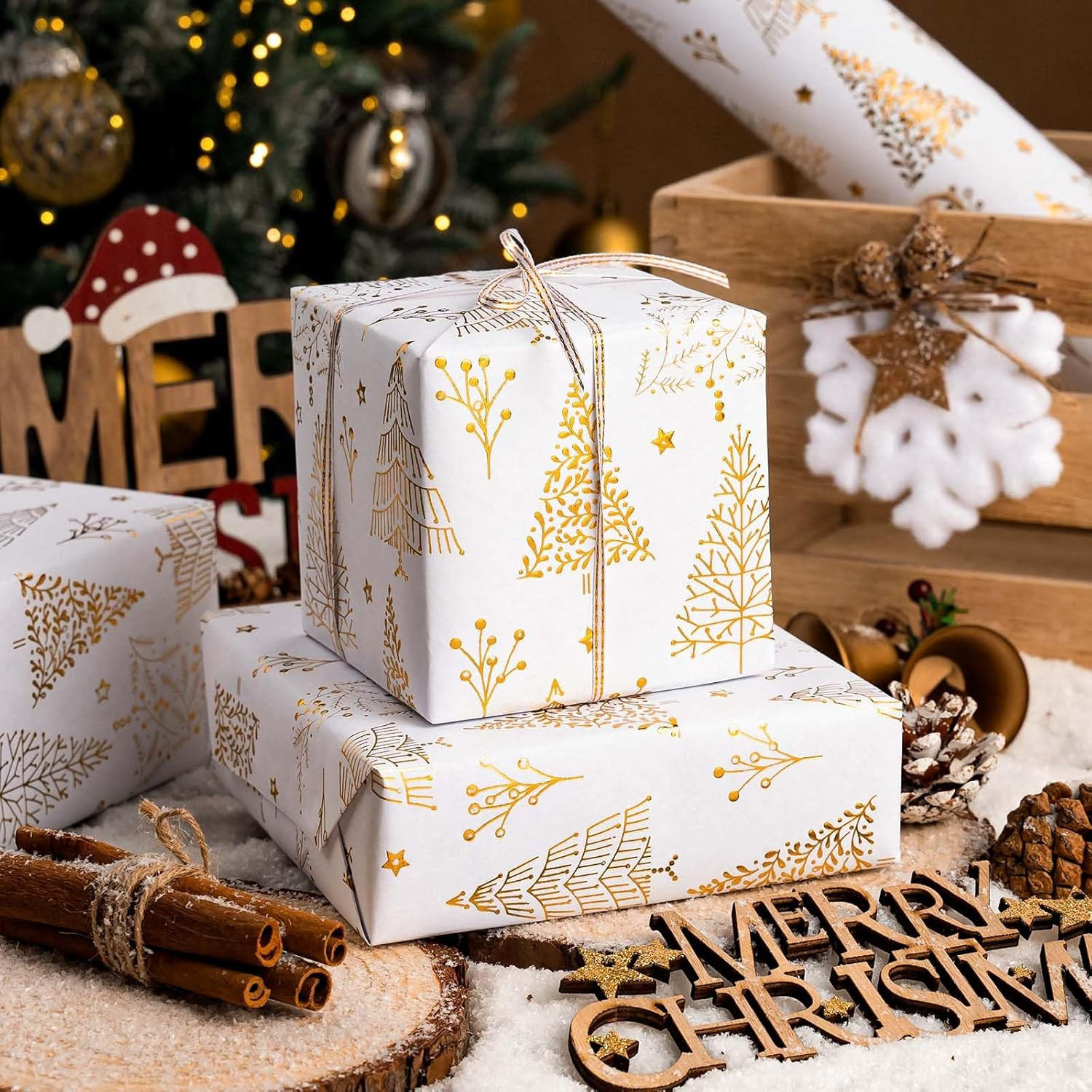 Homeral Christmas Wrapping Paper Roll - 46.8 sq.ft. 3D Embossed Gold Foil Christmas Tree, Star on... | Amazon (US)