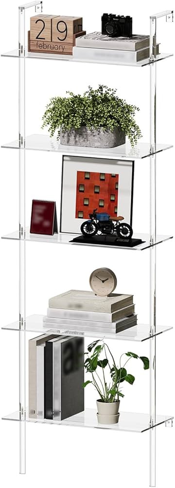 Acrylic Ladder Bookshelf, 5-Tier Clear Wall Mounted Bookshelf with Open Shelves, Multipurpose Boo... | Amazon (US)