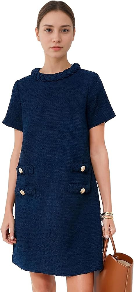 SeeLuNa Women's Tweed Dress Short Sleeve Crew Neck A-line Party Vintage Mini Skirt Causal Dresses | Amazon (US)