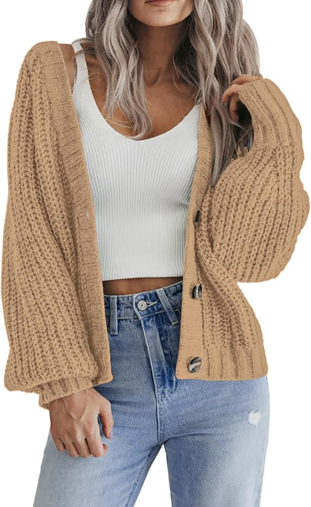 Zeagoo Women's 2026 Fall Chunky Knit Cardigans Open Front Long Sleeve V Neck Button Loose Cardiga... | Amazon (US)