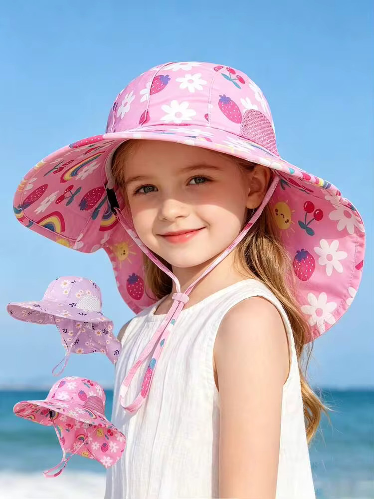 1pc Kids Wide Brim Sun Hat With Neck Flap, Breathable Mesh Side Design Adjustable Chin Strap, Cut... | SHEIN