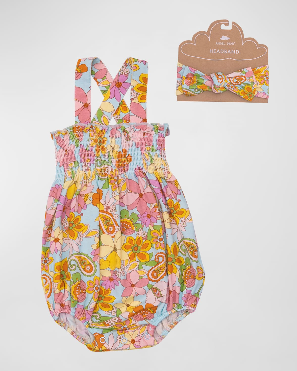 Girl's Smocked Paisley Floral Sunsuit With Headband, Size 0M-24M | Neiman Marcus