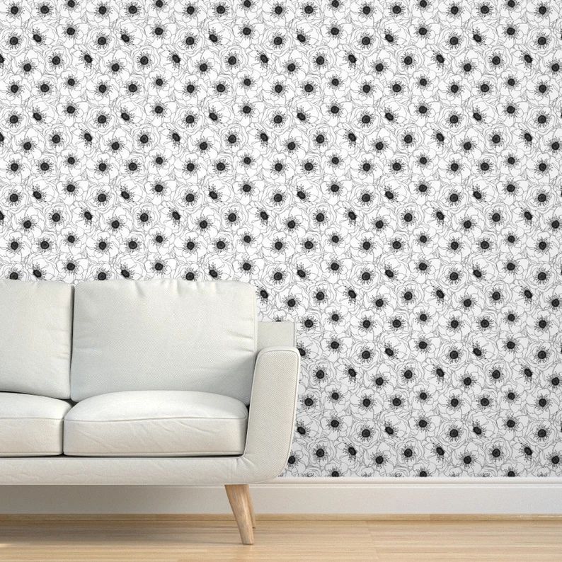 Anemones Floral Wallpaper -White Anemones By Pattysloniger- Black White Custom Printed Removable ... | Etsy (US)