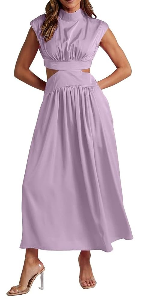 loveimgs Women's Summer Sleeveless Halter Neck Cutout Dress Pleated Hollow Elastic Waist Midi Dre... | Amazon (US)