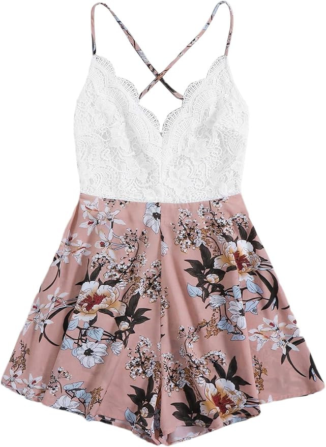 SheIn Women's Boho Crochet V Neck Halter Backless Floral Lace Romper Jumpsuit | Amazon (US)