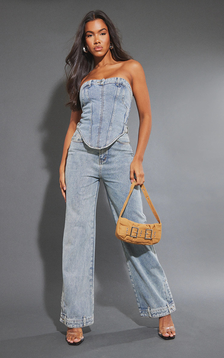 Mid Blue Wash Waistband Hem Straight Leg Jeans | Denim | PrettyLittleThing US