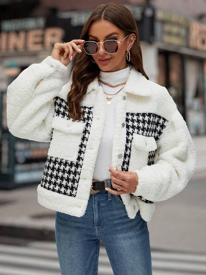 SHEIN LUNE Houndstooth Print Drop Shoulder Teddy Jacket | SHEIN