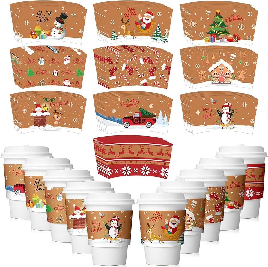 60 Pack Christmas Coffee Cup Sleeves Disposable Corrugated Holiday Tea Cup Sleeves Double-Layer H... | Amazon (US)