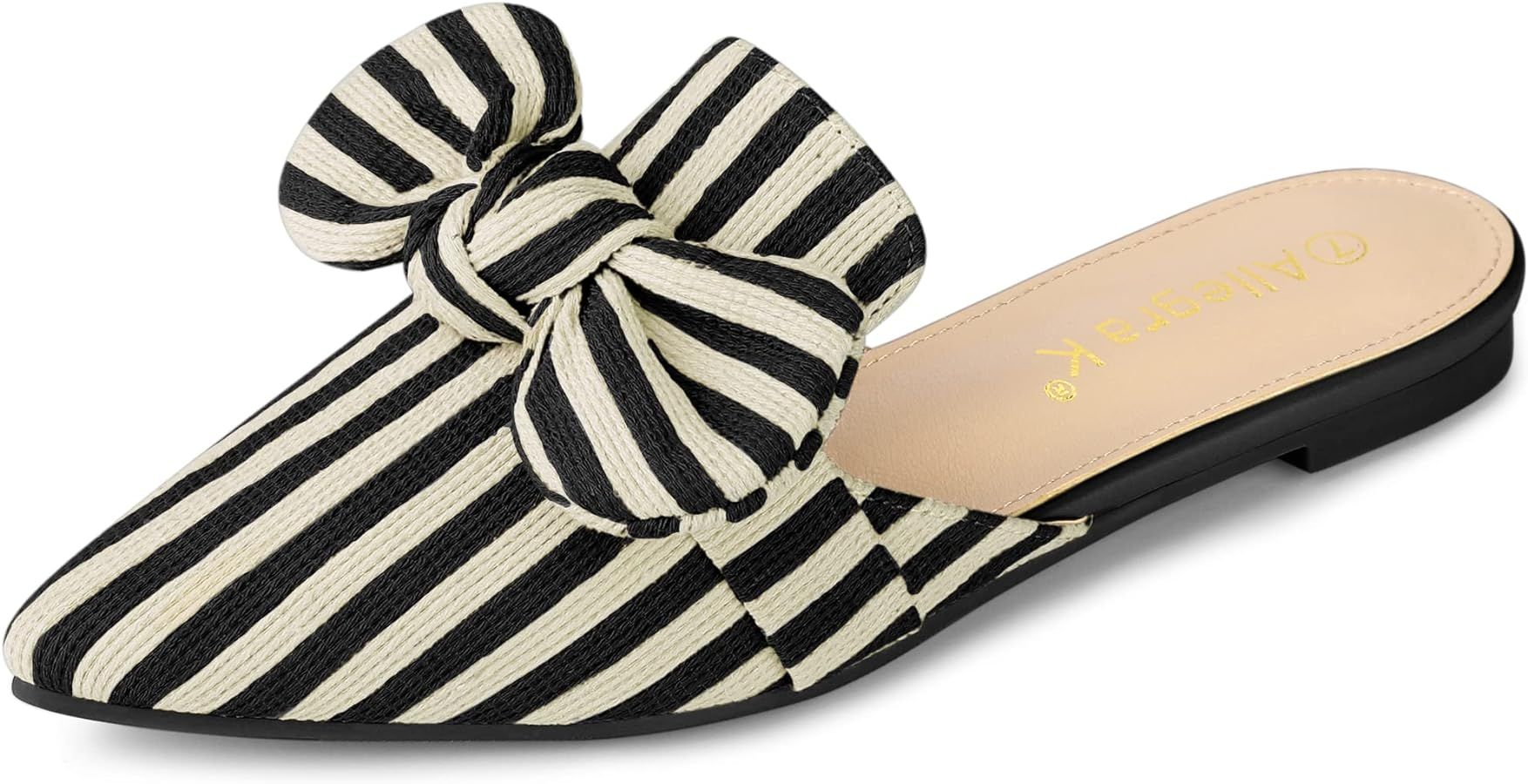 Allegra K Women's Pointed Toe Slip on Flat Stripe Bow Slides Mules | Amazon (US)