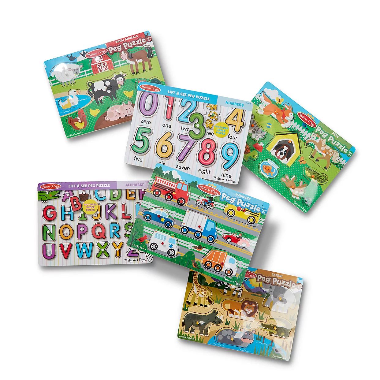Melissa & Doug Wooden Peg Puzzle 6-Pack - Numbers, Letters, Animals, Vehicles | Kohl's
