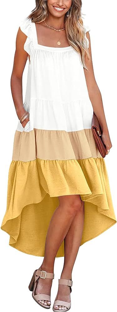 Amazon.com: KIRUNDO Women’s Summer Sleeveless Ruffle High Low Dress Square Neck Midi Dress Casual Lo | Amazon (US)