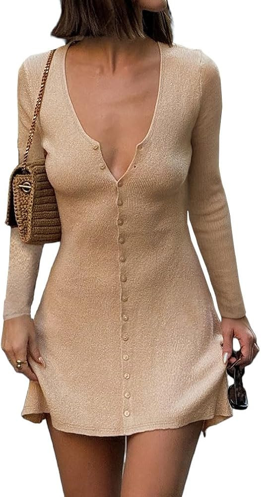 Women Sexy Button Down Ribbed Knit Mini Dress Solid Slim Fit V Neck Long Sleeve A Line Fall Sweat... | Amazon (US)