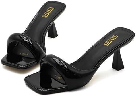 Women's Leather One Band Square Open Toe Stiletto Slide Sandals Fashion Slip-On Sexy Kitten Heel ... | Amazon (US)