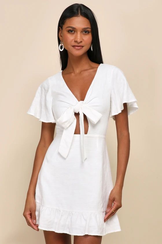 Adorable Sensibility White Cutout Tie-Front Dress White Ruffled Dress White Ruffle Dress Lulus Dress | Lulus