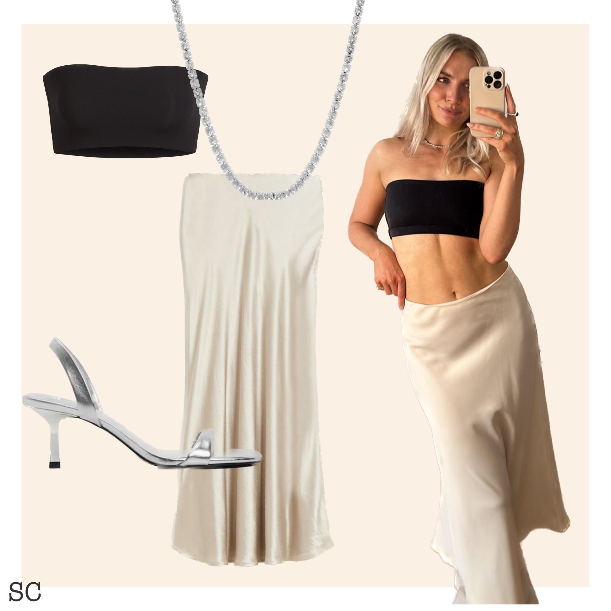 Cream satin maxi skirt
Black boob tube 
Going out outfit 
Date night outfit 
Date look
Silver strap heels
Diamanté necklace 
Holiday outfit 
Party style
Birthday outfit 

#LTKstyletip #LTKshoecrush #LTKeurope