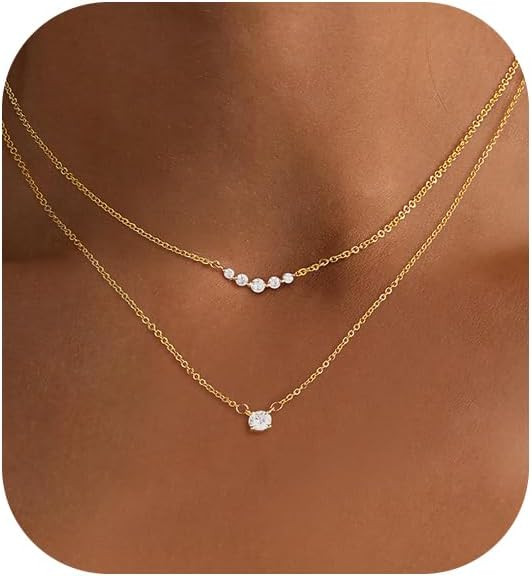 Layered Necklaces for Women,Dainty 14k Gold Plated Choker Necklace Stack Trendy Simple Diamond Pe... | Amazon (US)