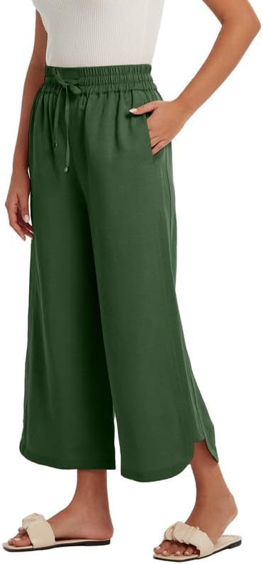 Les umes Womens Linen Wide Leg Cropped Pants High Elastic Waist with Drawstring Casual Summer Ank... | Amazon (US)