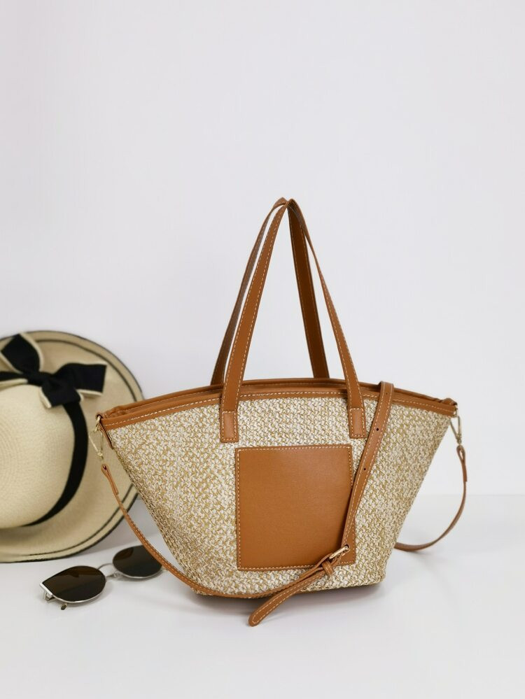 Colorblock Large Capacity Straw Bag | SHEIN