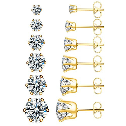 UHIBROS Cubic Zirconia Earrings Studs for Women, 6 Pairs Hypoallergenic 316L Stainless Steel Stud Earrings Set 14K Gold Plated Multipack CZ Earrings for Mens 3-8mm | Amazon (US)