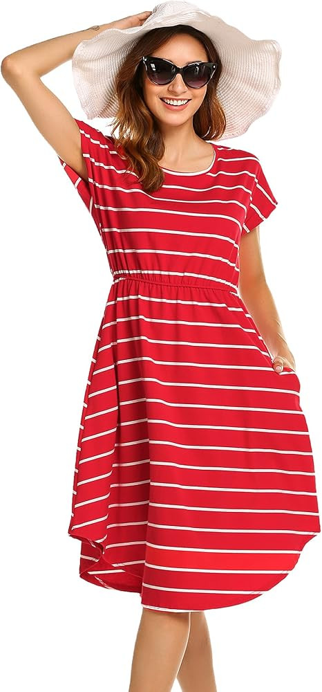 Women's Summer Casual Stripe Elastic Waist Loose Beach Midi Dress | Amazon (US)