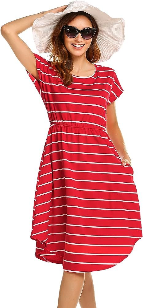 Women's Summer Casual Stripe Elastic Waist Loose Beach Midi Dress | Amazon (US)