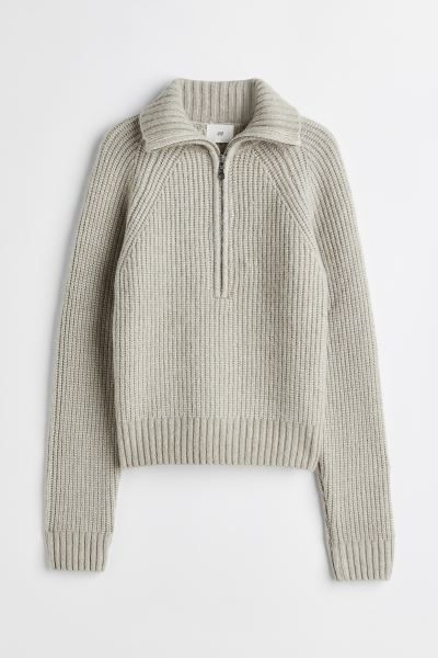 Zip-top rib-knit jumper - Light greige - Ladies | H&M GB | H&M (UK, MY, IN, SG, PH, TW, HK)