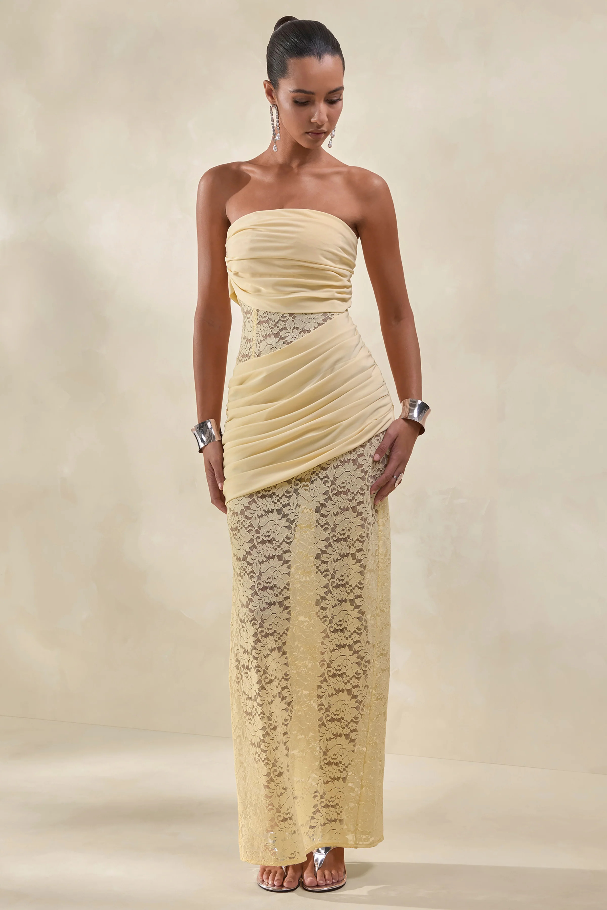 Lalita | Lemon Lace And Satin Bandeau Maxi Dress With Wrap-Details | Club L London