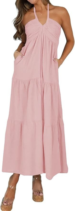Women's Casual Halter Tiered Vacation Maxi Dress with Pockets | Amazon (US)