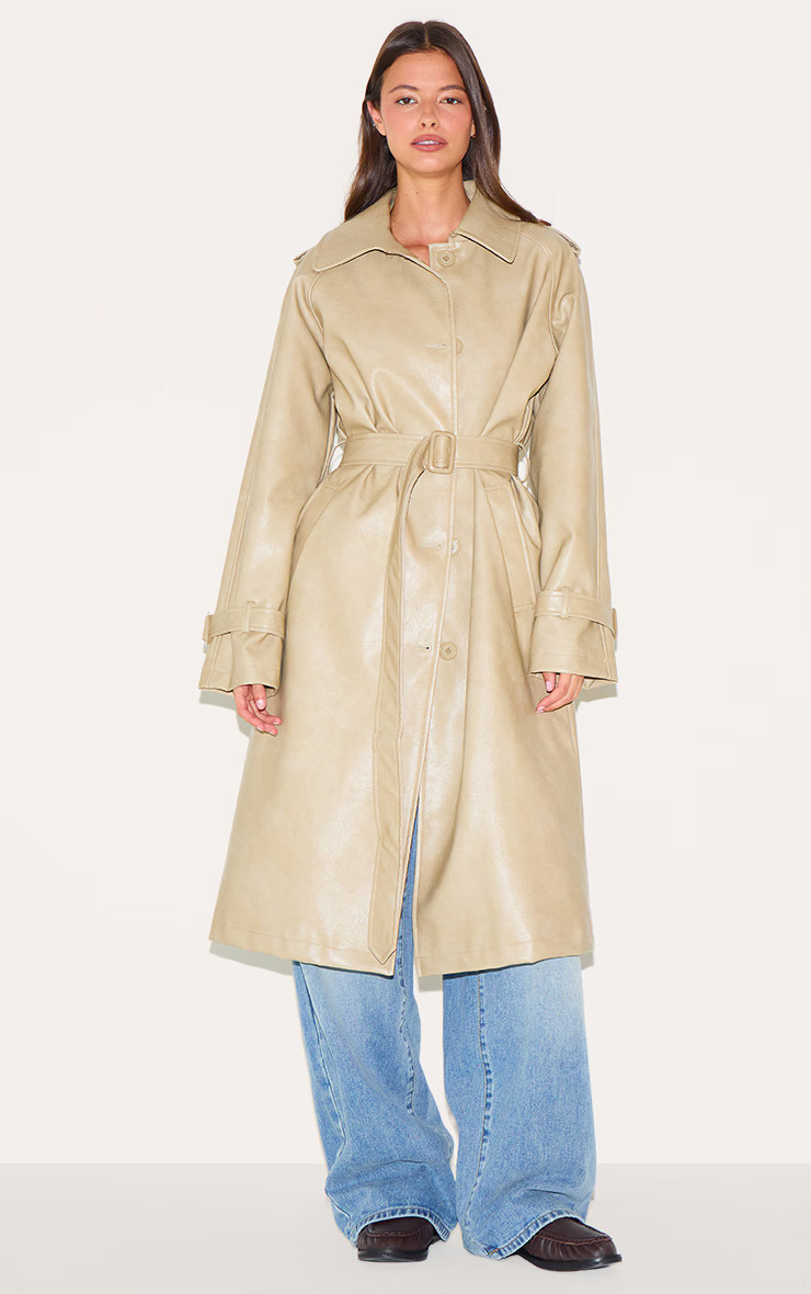Cream Mid Length Faux Leather Trench Coat | PrettyLittleThing US