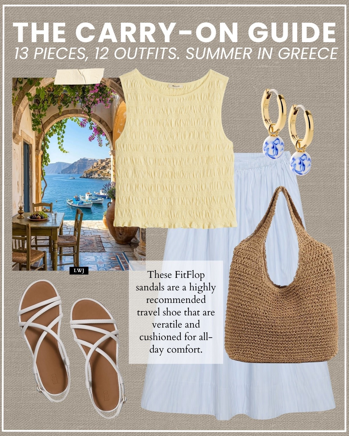 carry-on guide for a summer in greece 

greece / summer vacation / myokonos / santorini / island hopping / strappy sandals / fitflop/ midi skirt / Ana Luisa / straw tote

#LTKootd #LTKTravel