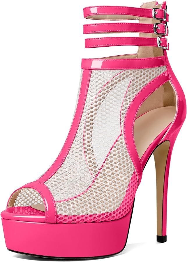 Women's Platform Stiletto High Heels Peep Toe High Top Sandals Summer Mesh Fishnet Ankle Boots Da... | Amazon (US)