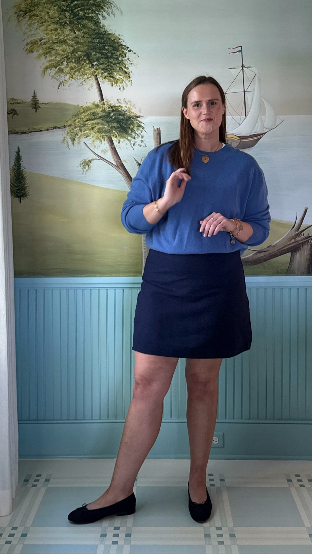 A blue on blue outfit for dinner in Maine. A royal blue cashmere Toteme crewneck sweater paired with a navy short skirt from Julia Amory and Chanel navy flats. #classicstyle #xl  

 