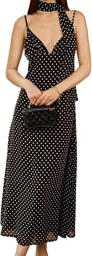 GORGLITTER Women's Deep V-Neck Polka Dots Mesh Tie Backless Sleeveless Long Maxi Dress with Scarf | Amazon (US)