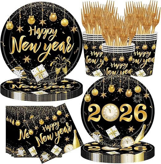 New Years Party Supplies Set,Packs with Plates, Cups, Napkins & Forks, Disposable for 24 Guests,P... | Amazon (US)
