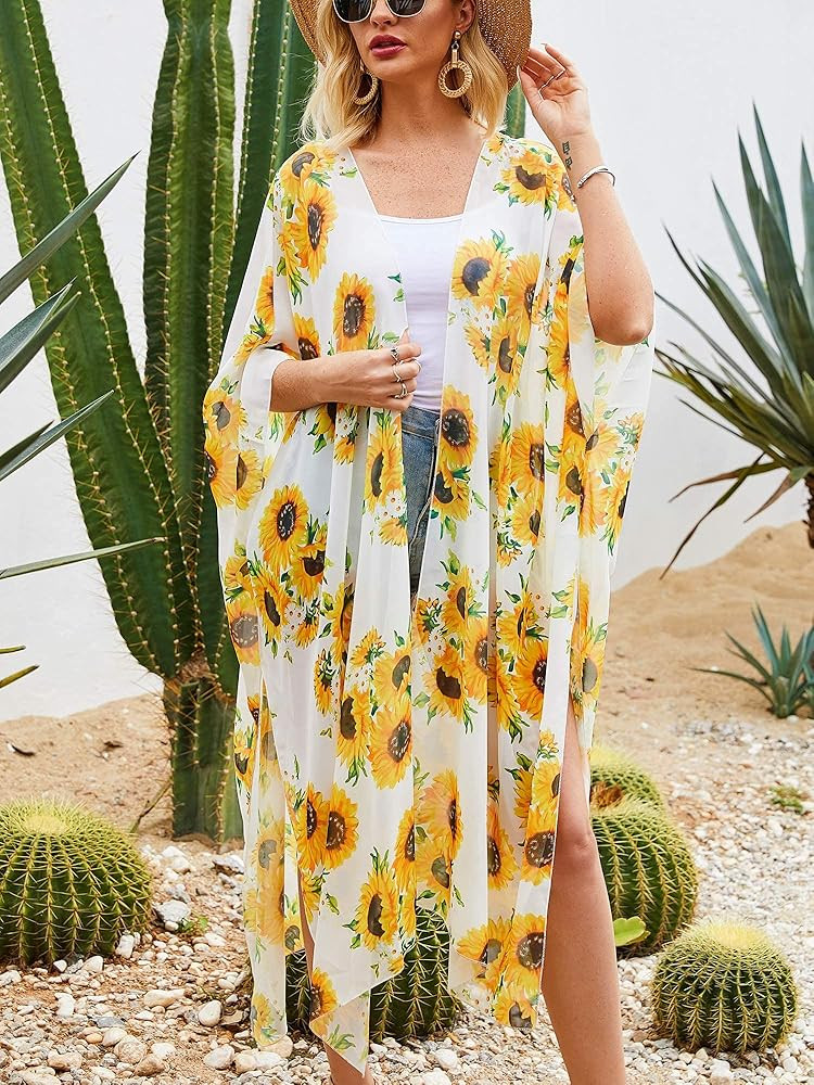 Hibluco Women's Long Floral Kimono Printed Cardigan Sheer Swimsuit Cover Ups | Amazon (US)