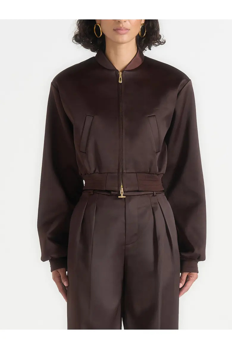 Manière De Voir Monique Satin Wide Shoulder Bomber Jacket in Brown at Nordstrom, Size 4 | Nordstrom