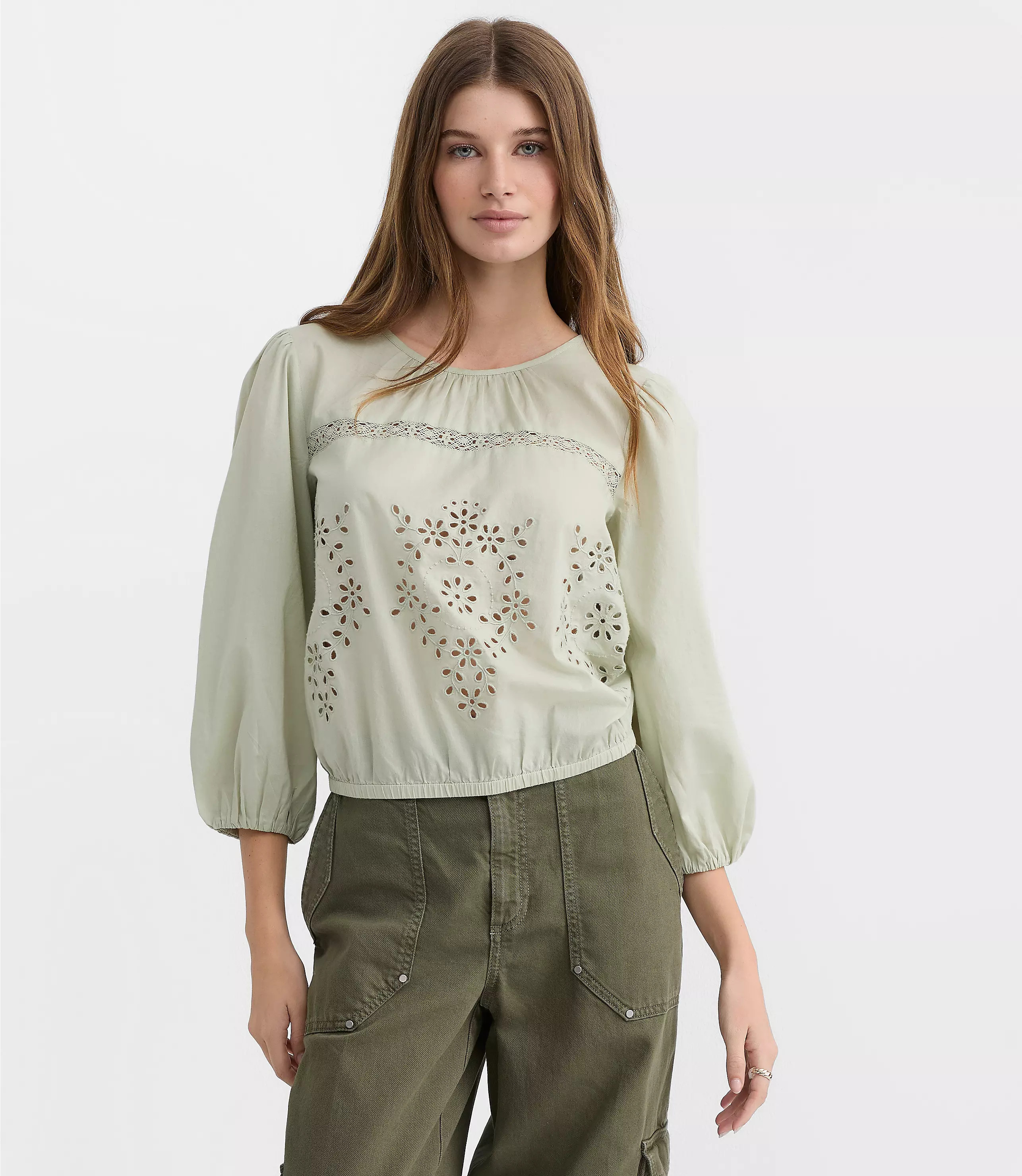 Lace Trim Eyelet Blouse | LOFT